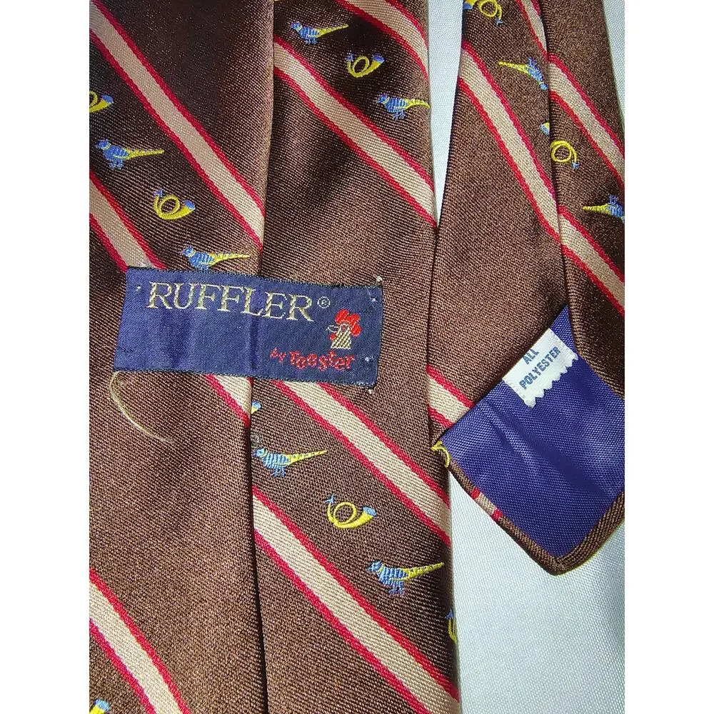 Vintage Rooster Ruffler Brown Polyester Necktie Horns And Pheasants Hunting